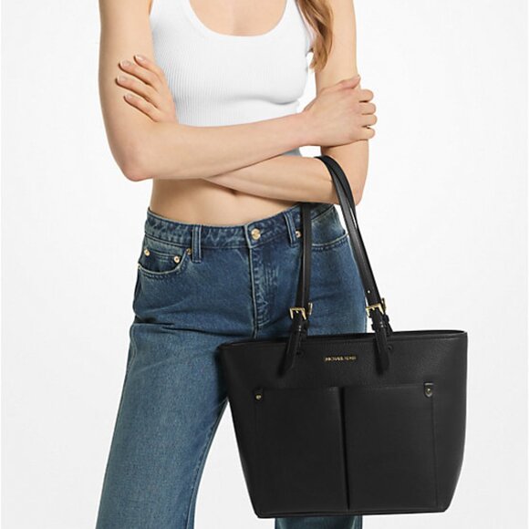 New Michael Kors Jet Set Travel Medium Double Pocket Tote Black - Picture 2 of 5